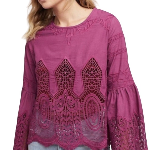 Anthropologie Chloe Oliver boho embroidered lace bell sleeve blouse size… - Picture 12 of 12